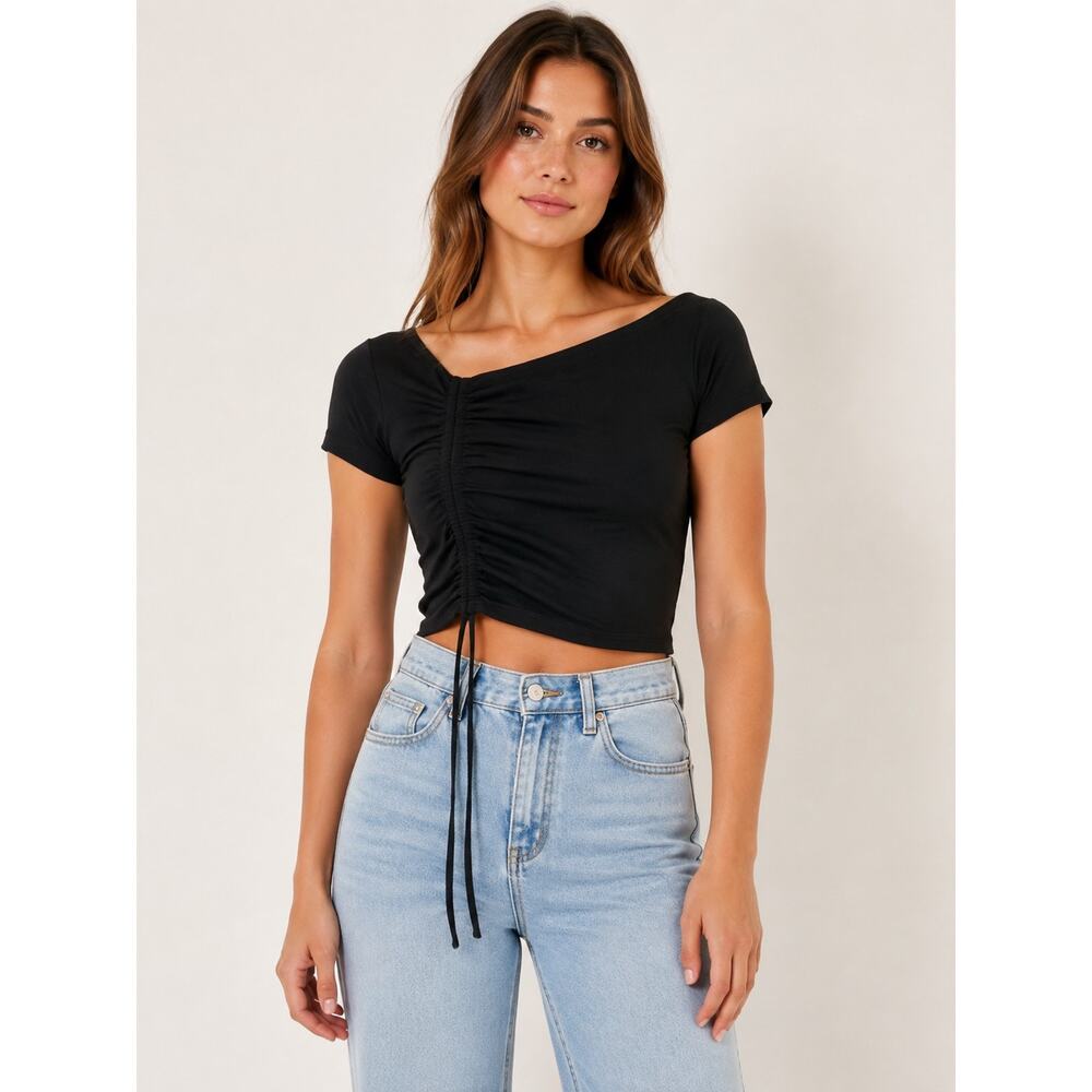 Superdown Black Ruched Drawstring Crop Top Size Medium REVOLVE NWT